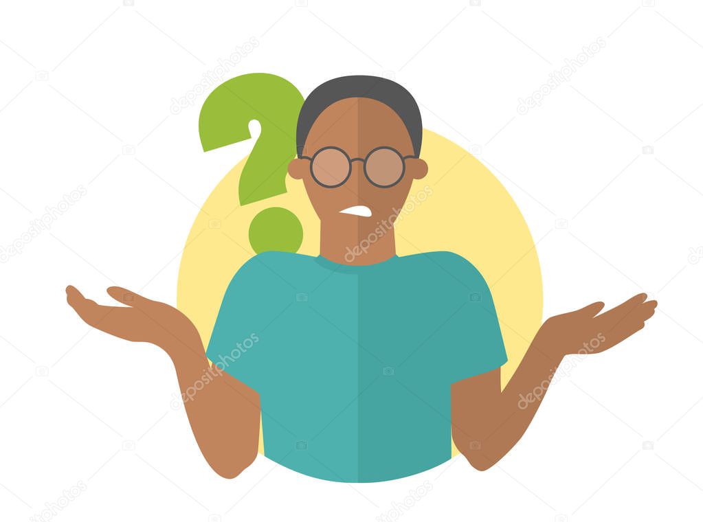Flat design icon. Black handsome man in glasses doubts. Guy with a question mark. Simply editable isolated vector illustration