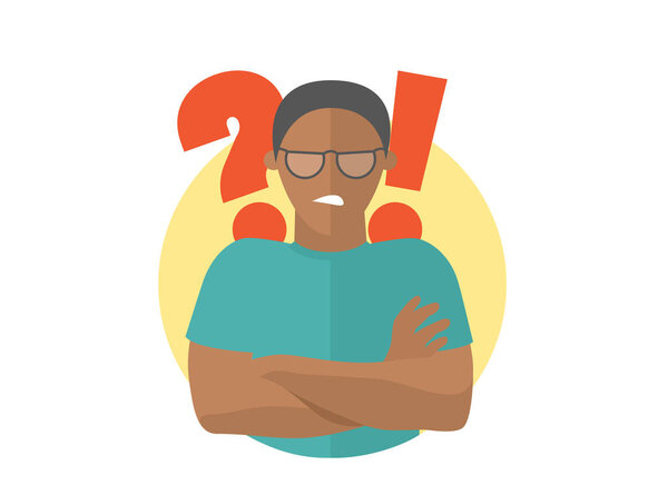 Black handsome man in glasses angry doubts, offended. Flat design icon. Guy with a question and exclamation marks. Simply editable isolated on white vector sign