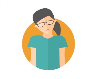 Weak, sad, depressed pretty girl in glasses. Flat design icon. Woman with feeble depression emotion. Simply editable isolated on white vector sign clipart