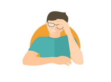 Yakışıklı adam gözlüklü depresif, üzgün, zayıf. Düz tasarım simgesi. Çocuk zayıf depresyon duygu ile. Sade bir şekilde düzenlenebilir izole üzerinde beyaz vektör işareti