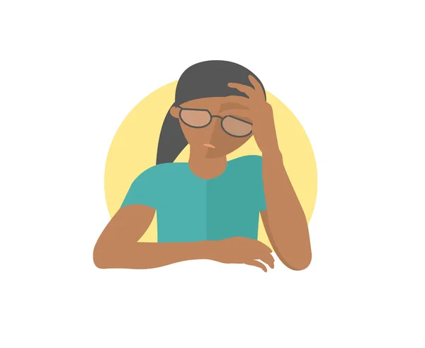 Pretty black girl in glasses depressed, sad, weak. Flat design icon. woman with feeble depression emotion. Simply editable isolated on white vector sign — Stock Vector