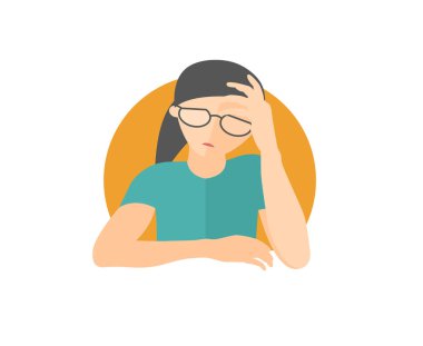 Pretty girl in glasses depressed, sad, weak. Flat design icon. woman with feeble depression emotion. Simply editable isolated on white vector sign clipart