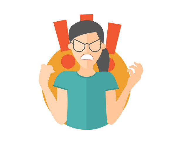 Fury girl in glasses. Woman in rage, wrath, rampage. Flat design icon. Simply editable isolated vector illustration