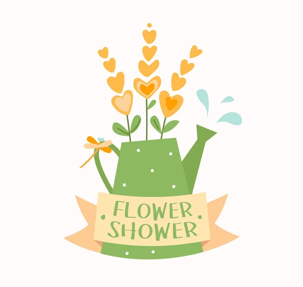 Gieter met water, bloemen, lint en dragonfly druppels, bloem winkel logo vector sjabloon, logo ontwerp — Stockvector