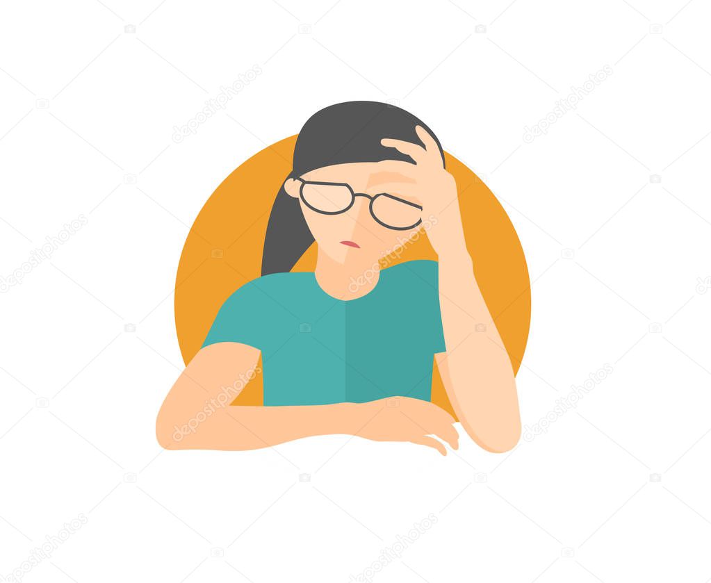 Pretty girl in glasses depressed, sad, weak. Flat design icon. woman with feeble depression emotion. Simply editable isolated on white vector sign