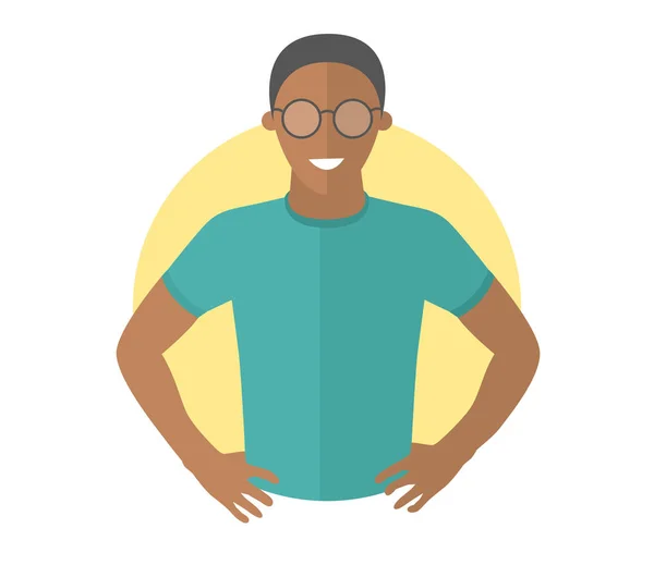 Selbstbewusster gutaussehender schwarzer Mann mit Brille. flaches Design. resoluter Junge mit Armen akimbo. einfach editierbare isolierte Vektorabbildung — Stockvektor