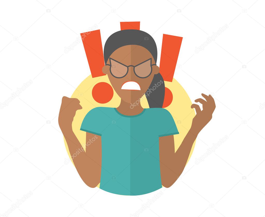 Fury evil black girl in glasses. Woman in rage, wrath, rampage. Flat design icon. Simply editable isolated vector illustration