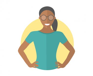 Kendine güvenen siyah güzel Kız bardaklarda. Düz tasarım simgesi. 