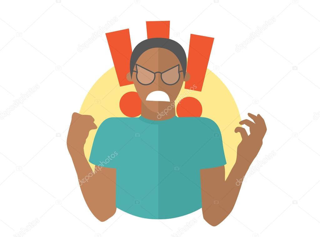 Fury evil black man in glasses. Boy in rage, wrath, rampage. Flat design icon. Simply editable isolated vector illustration