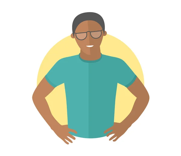 Resoluto hombre negro guapo en gafas. Icono de diseño plano. Un chico decidido con brazos akimbo. Ilustración vectorial aislada simplemente editable — Vector de stock