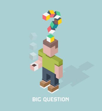 Man with big question doubts, cubes composition isometric vector illustration clipart