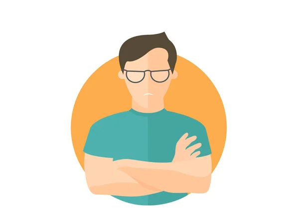 Sullen and gloomy handsome man in glasses, offended guy. Flat design icon. Morose, moody emotion. Simply editable isolated on white vector sign — Stock Vector