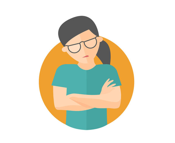 Offended pretty girl in glasses. Insult emotion. Flat design sign. Abused woman. Simply editable isolated on white vector illustration