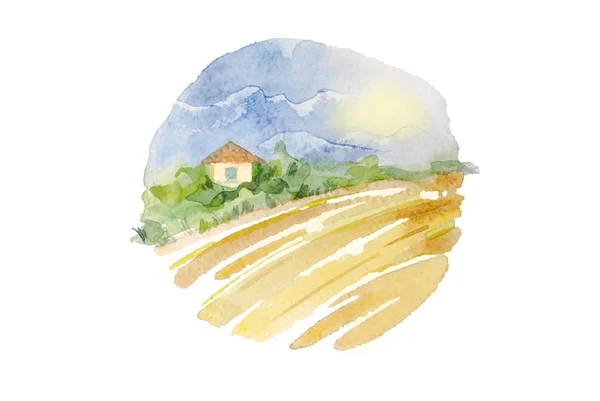 Watercolor countryside landscape in circle composition. Artistic wheat field and village cottage, round illustration isolated on white — Stock Photo, Image