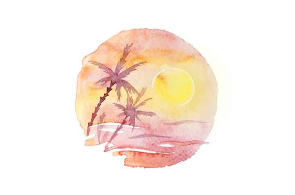 水彩的棕榈树、 日落和海中圈组成。艺术的热带日出，圆图上白色孤立 — 图库照片