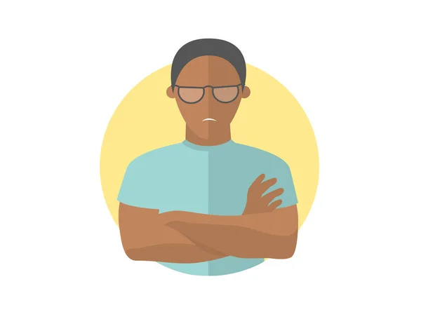Sullen and gloomy handsome black man in glasses, offended guy. Flat design icon. Morose, moody emotion. Simply editable isolated on white vector sign — Stock Vector