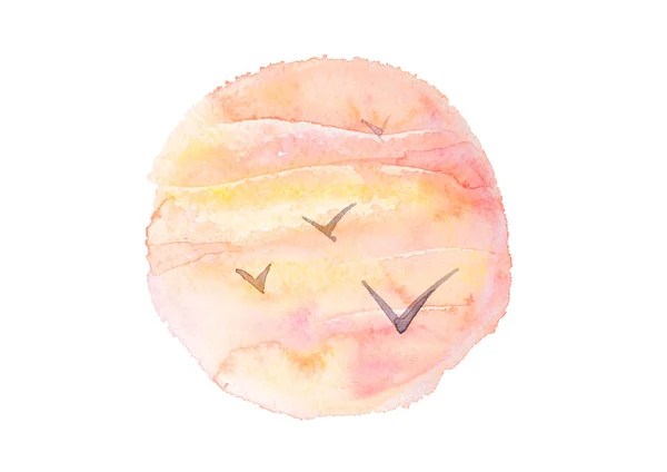 Ciel de coucher de soleil aquarelle et goélands en cercle. Lever de soleil tropical artistique, illustration ronde isolée sur blanc — Photo