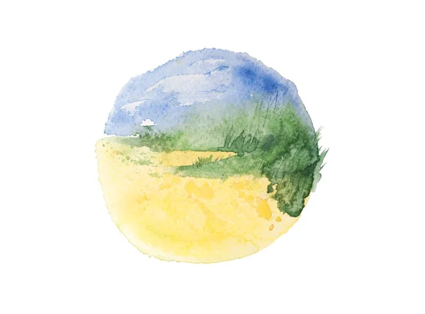 Akvarelu ekofarmy pole v kruhu složení. Umělecké přírodní krajinou, kolem ilustrace izolované na bílém — Stock fotografie