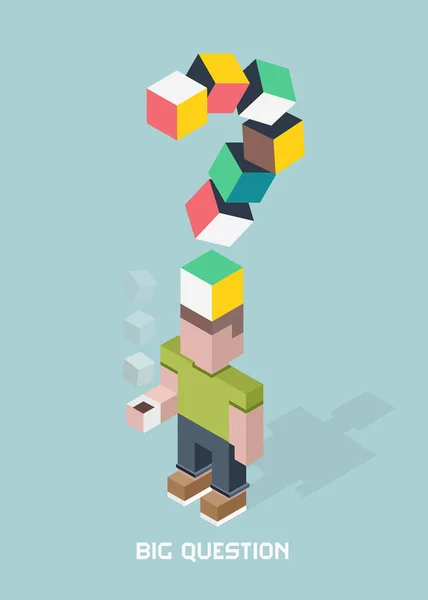 Homme avec de grands doutes question, point d'interrogation géant, cubes composition illustration vectorielle isométrique — Image vectorielle