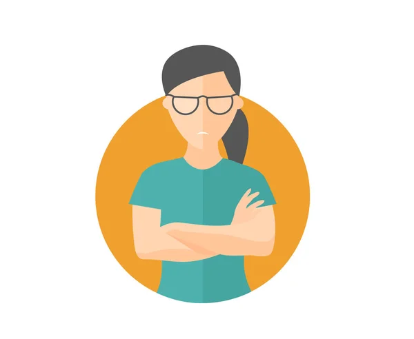 Niña bonita y melancólica en gafas, mujer ofendida. Icono de diseño plano. Morosa, emoción malhumorada. Simplemente editable aislado en el signo de vector blanco — Vector de stock