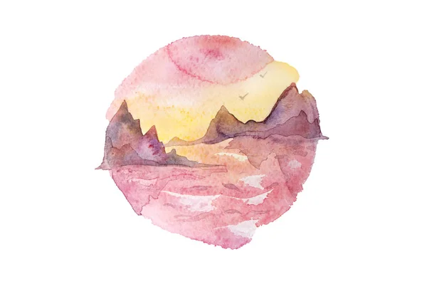 Różowy, fioletowy i żółty zachód słońca nad morzem z skał. Akwarela malarstwo na białym tle — Zdjęcie stockowe