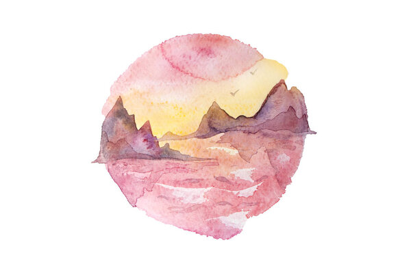 Pink, violet and yellow sunset over the sea with rocks. Watercolor painting isolated on white