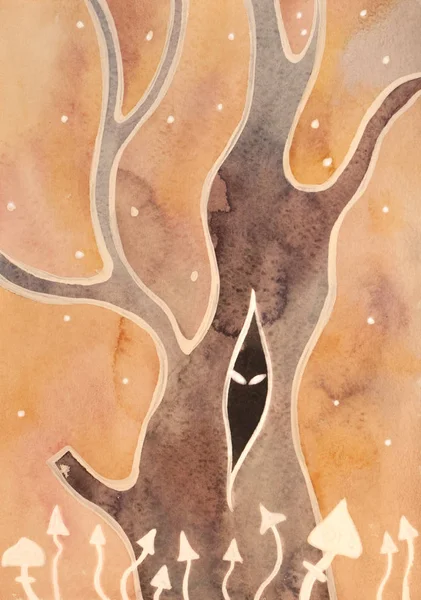 Halüsinojenik psilocybe fantazmagorik büyülü ormanda karanlık dan isteyen birisi ile mantar. Suluboya resim — Stok fotoğraf