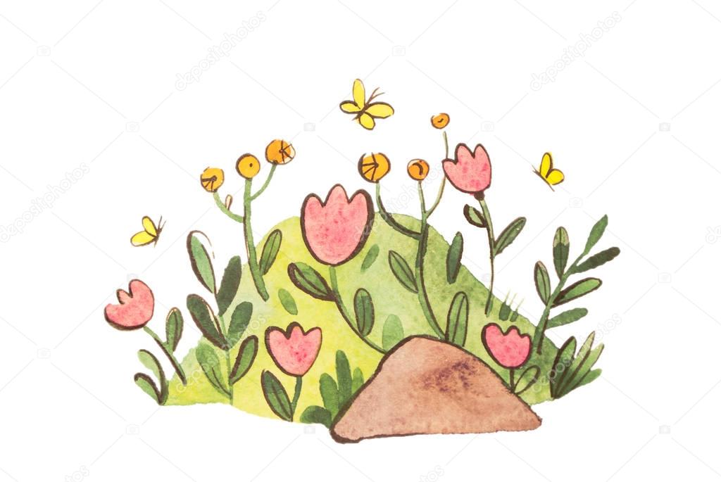 Watercolor little hill, hillock with flowers, stone and butterflies, isolated on white