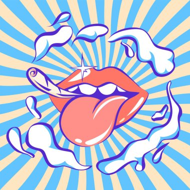 Pop art retro dudakları esrar esrar ve bulutlar duman, vektör çizim, vintage afiş ile
