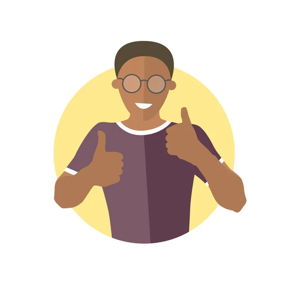 Muchacho negro alegre, alegre y alegre con gafas. Icono de diseño plano de hombre africano guapo con pulgares hacia arriba. Fresco, alegría, emoción optimista. Simplemente editable aislado en el signo de vector blanco — Vector de stock