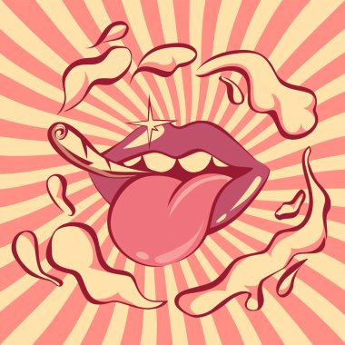 Pop art retro dudakları roll-up sigara ve bulutlar duman, vektör çizim, kırmızı tonda vintage afiş ile