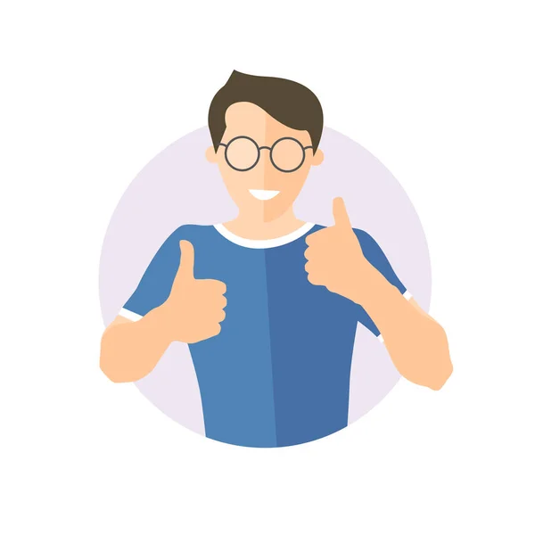 Muchacho guapo alegre, alegre y guapo con gafas. Icono de diseño plano de hombre guapo con pulgares hacia arriba. Simplemente editable aislado en el signo de vector blanco — Vector de stock