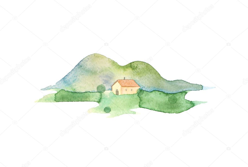 Country house. Watercolor artistic painting isolated on white