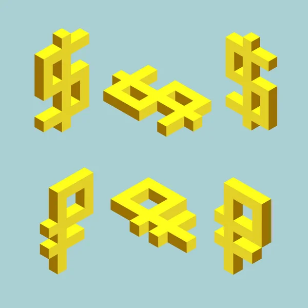 Ensemble de signes dollar et rouble. Forme de cubes, icônes isométriques des devises américaines et russes, illustrations vectorielles — Image vectorielle