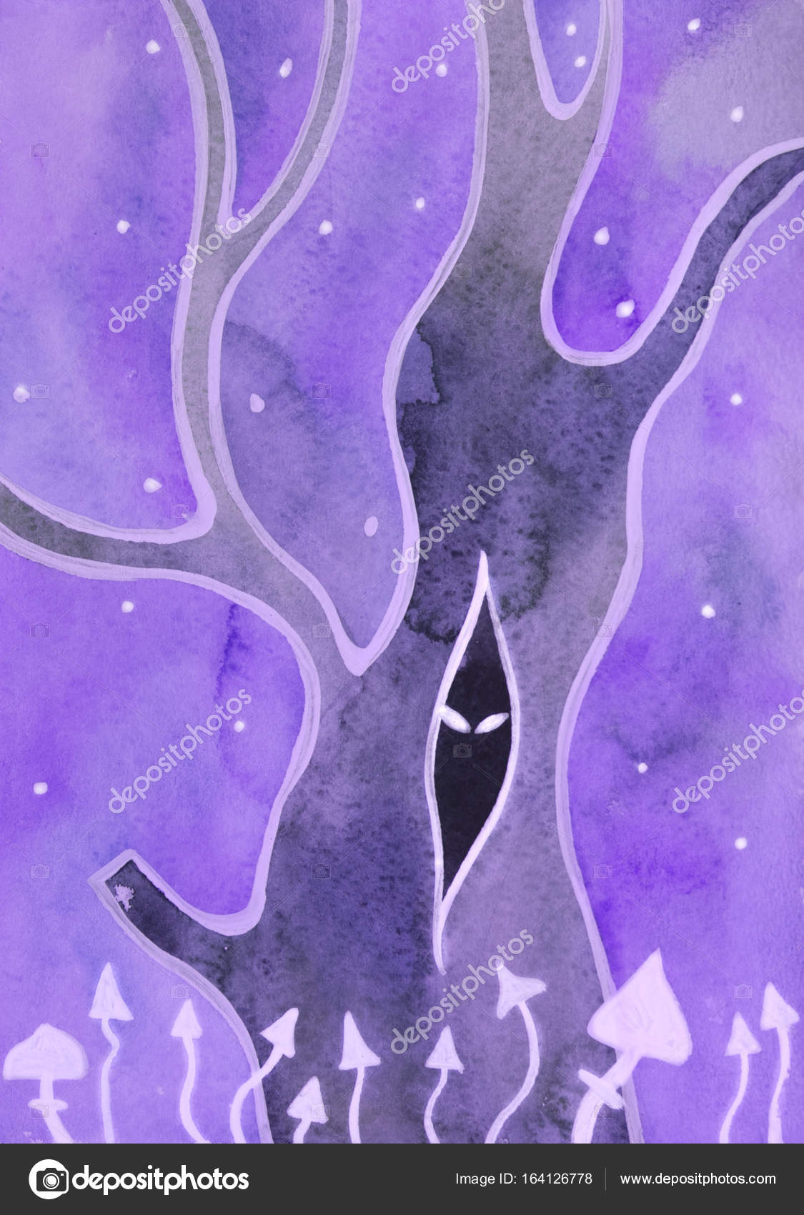 Cogumelos Psilocybe na floresta noturna mágica fantasmagórica com alguém  olhando do escuro. Pintura aquarela Ilustração de ©zatrar121212.gmail.com  #164126778, image size:1125x1700
