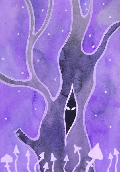 暗闇の中から見ている誰かと変幻自在の魔法の夜の森でキノコの幻覚誘発菌。水彩画 — ストック写真
