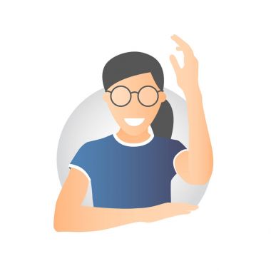 Hazır, cevap veya beyaz Kız bardaklarda yardımcı olmak istekli. Daire degrade simgesi olan Avrupa güzel kadın elinizi kaldırın. Sade bir şekilde düzenlenebilir izole üzerinde beyaz vektör işareti