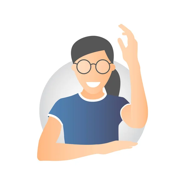 Listo, dispuesto a responder o ayudar a chica caucásica en gafas. Gradiente plano icono de mujer bonita europea con la mano hacia arriba. Simplemente editable aislado en el signo de vector blanco — Vector de stock