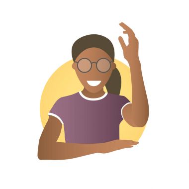 Hazır, cevap veya siyah Kız bardaklarda yardımcı olmak istekli. Düz gradyan stil ikonu olan el kadar Afrika güzel kadın. Sade bir şekilde düzenlenebilir izole üzerinde beyaz vektör işareti