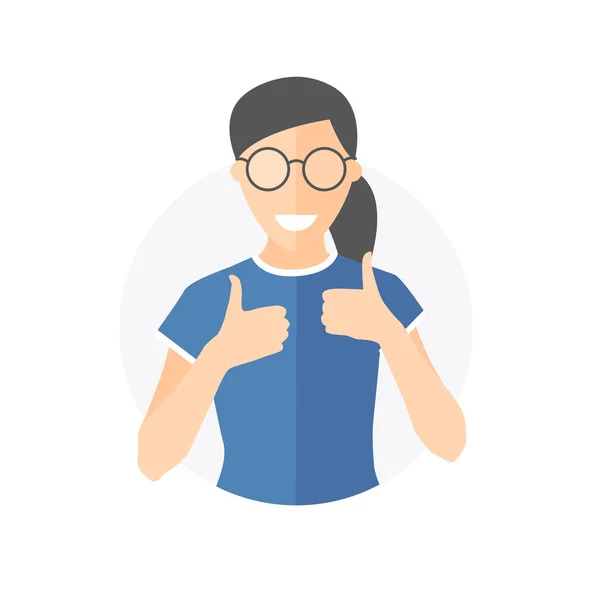 Glad, joyful, cheerful pretty girl in glasses. Flat design icon of woman with thumbs up. Simply editable isolated on white vector sign — Stock Vector