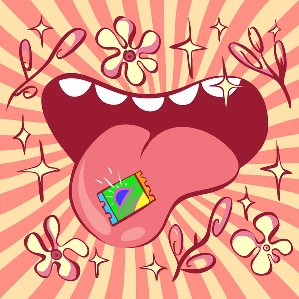 Lsd psychedelic illustration, acid mark on tongue — Stock Vector