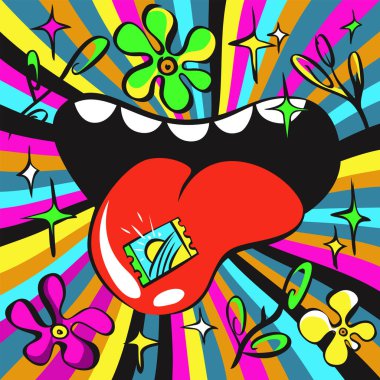 Lsd psychedelic illustration, acid mark on tongue, bright colours clipart