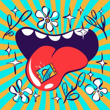 Lsd psychedelic illustration, acid mark on tongue, vivid colours clipart