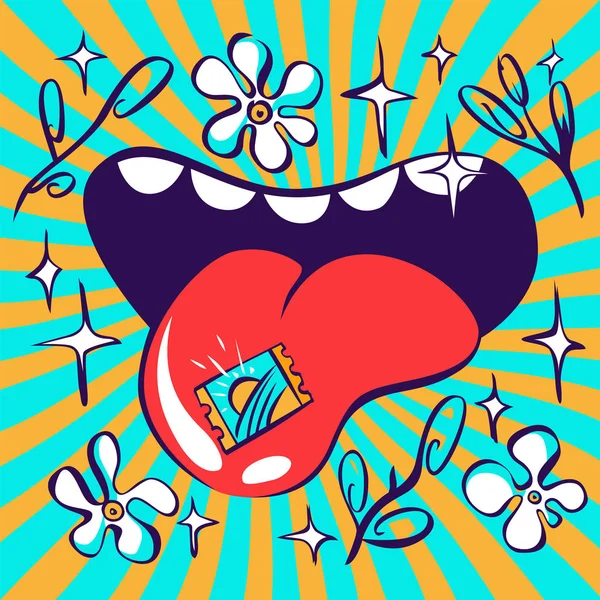 Illustration psychédélique Lsd, marque acide sur la langue, couleurs vives — Image vectorielle
