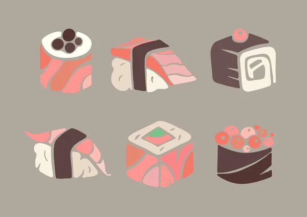 Sushi rouleaux vecteur ensemble, plats asiatiques icônes — Image vectorielle