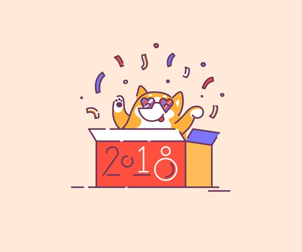 Cão em uma caixa celebrando o novo 2018 ano da ilustração do vetor plano do cão —  Vetores de Stock