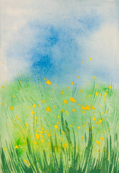 Watercolor field with yellow flowers background, childish noetic style — Stock Photo, Image