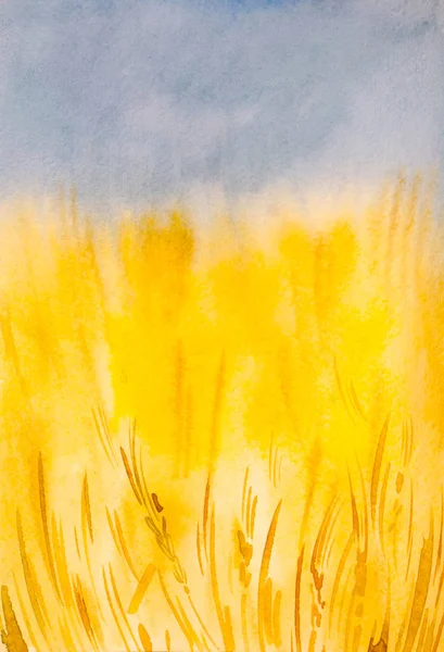 Літнє пшеничне поле акварельний пейзаж, жовтий і синій — стокове фото