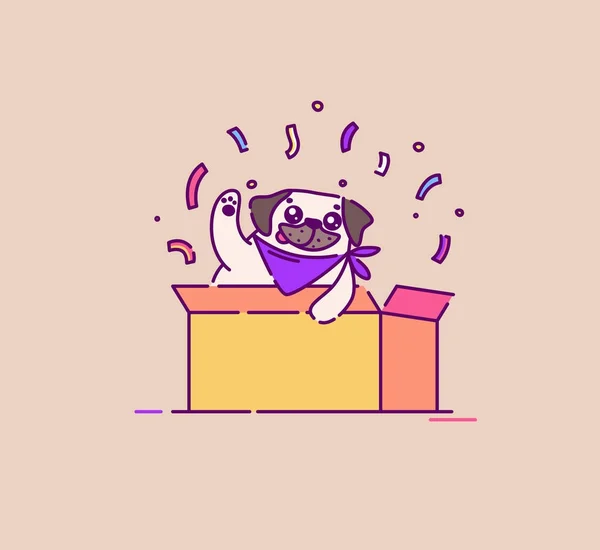 Pug dog aparece de uma caixa. Ilustração vetorial plana —  Vetores de Stock