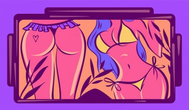 Sanal gerçeklik gözlük ekranda, seksi kızlar illüstrasyon vektör